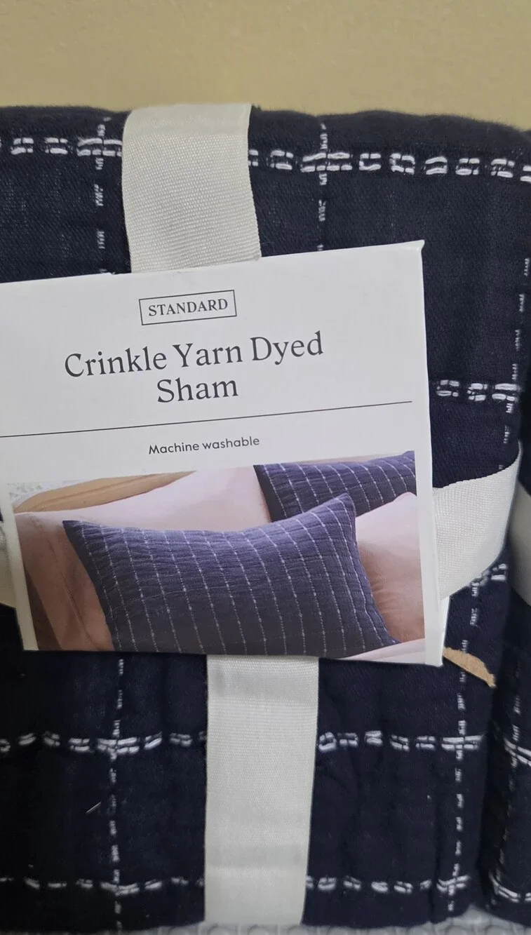 Set Of 2 Threshold Crinkle Yarn Dyed Sham - Navy with White Stitch